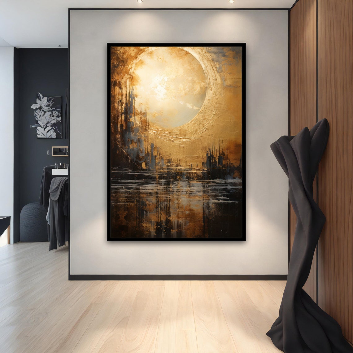 Golden Moon over Dark Water Abstract City Reflection Art Poster - Image 5