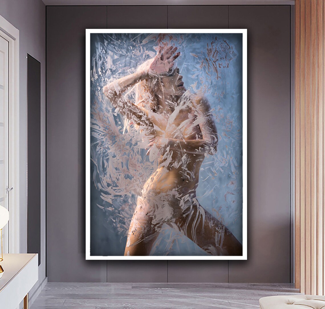 Nude Woman Behind Wet Glass Blue Artistic Body Fine Art Poster - Image 3