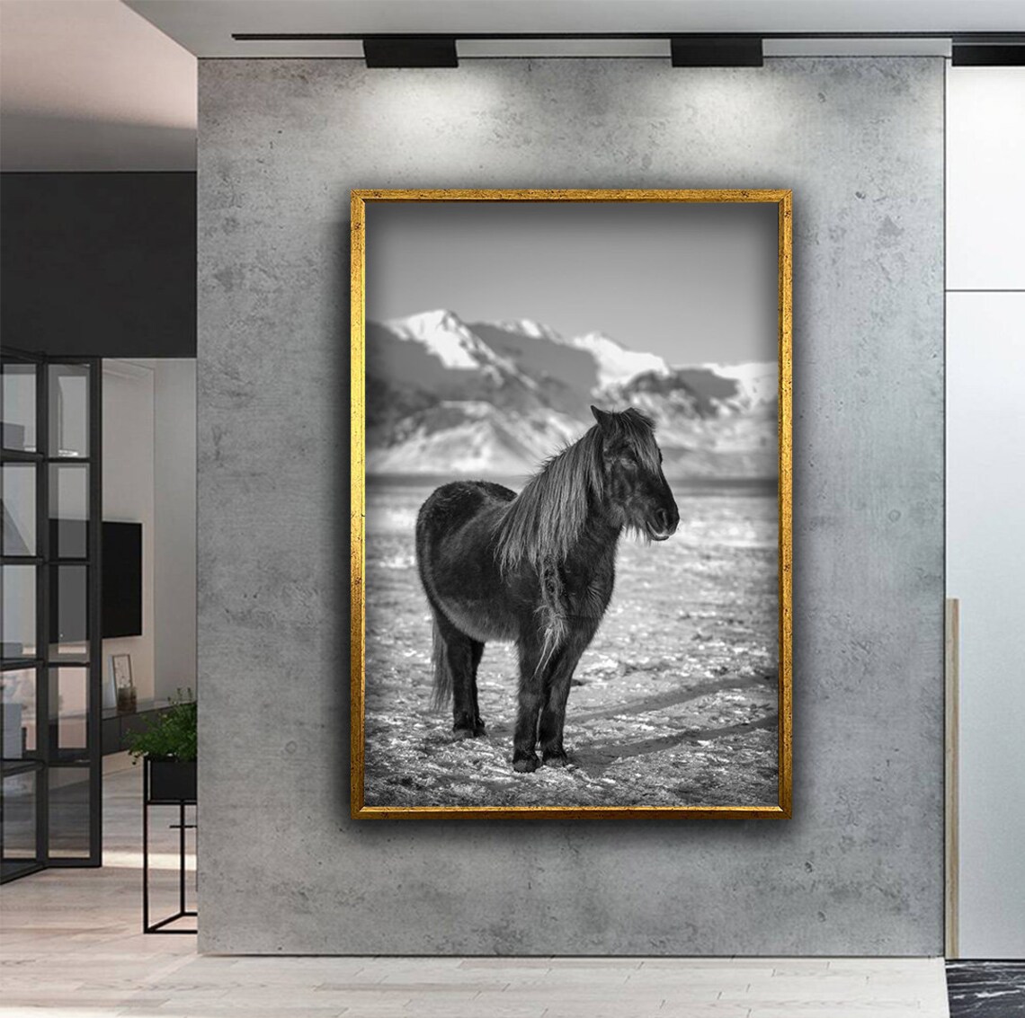 Black and White Wild Horse in Snowy Mountain Field Photo Print - Image 2