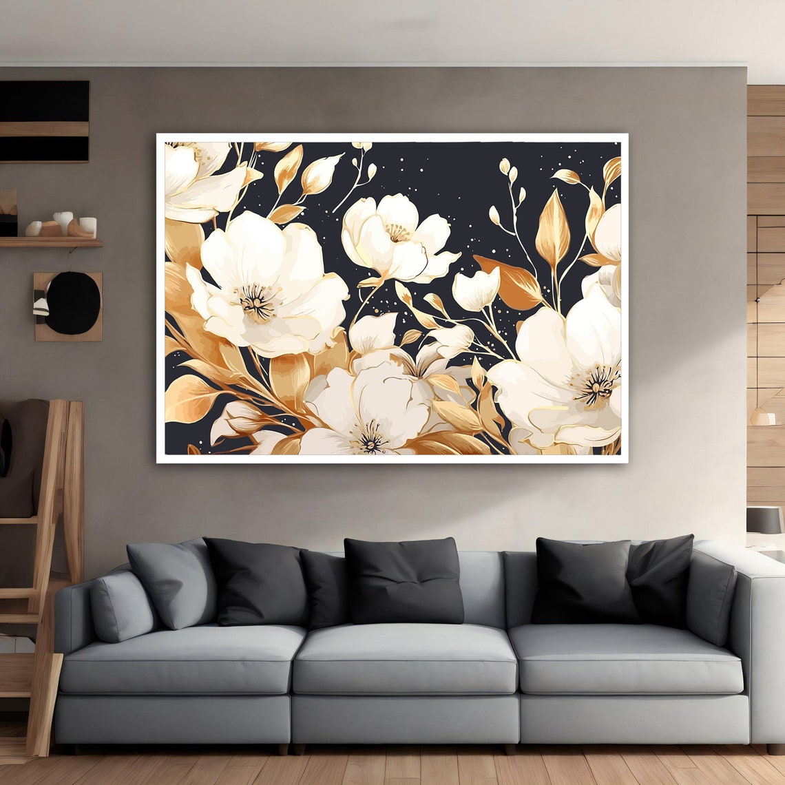 White Magnolia Blossoms Gold Leaves Dark Elegant Floral Poster - Image 5