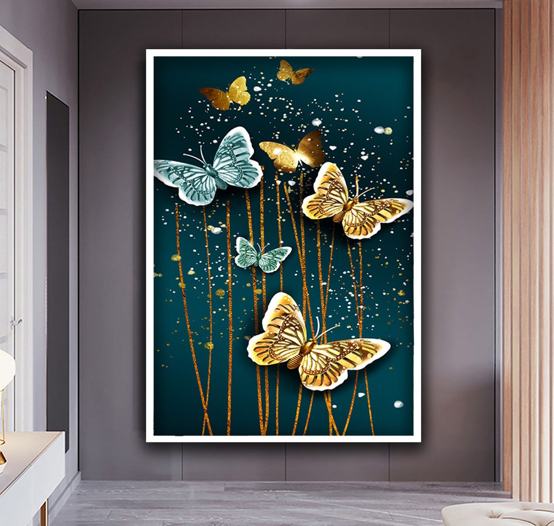 Gold and Teal Butterfly Swarm Dark Elegant Chic Modern Art Print - Image 4