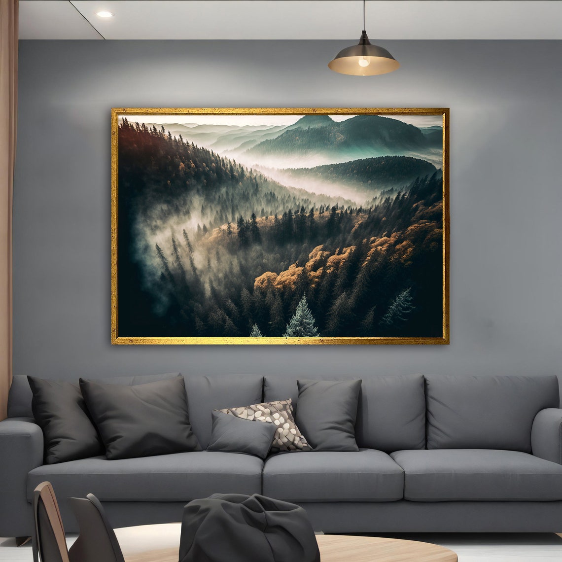 Foggy Mountain Valley Misty Peaks Evergreen Forest Art Poster