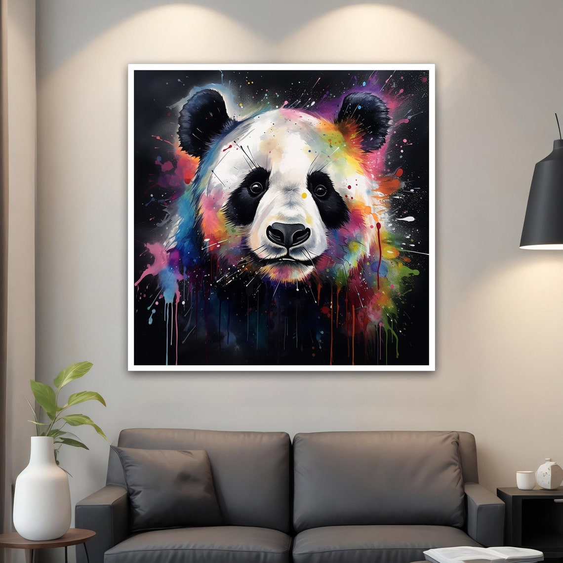 Panda Rainbow Paint Splash Cute Animal Art Black Background Poster - Image 2