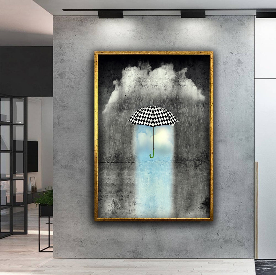 Checkered Umbrella Rain Cloud Surreal Black White Dream Art Poster