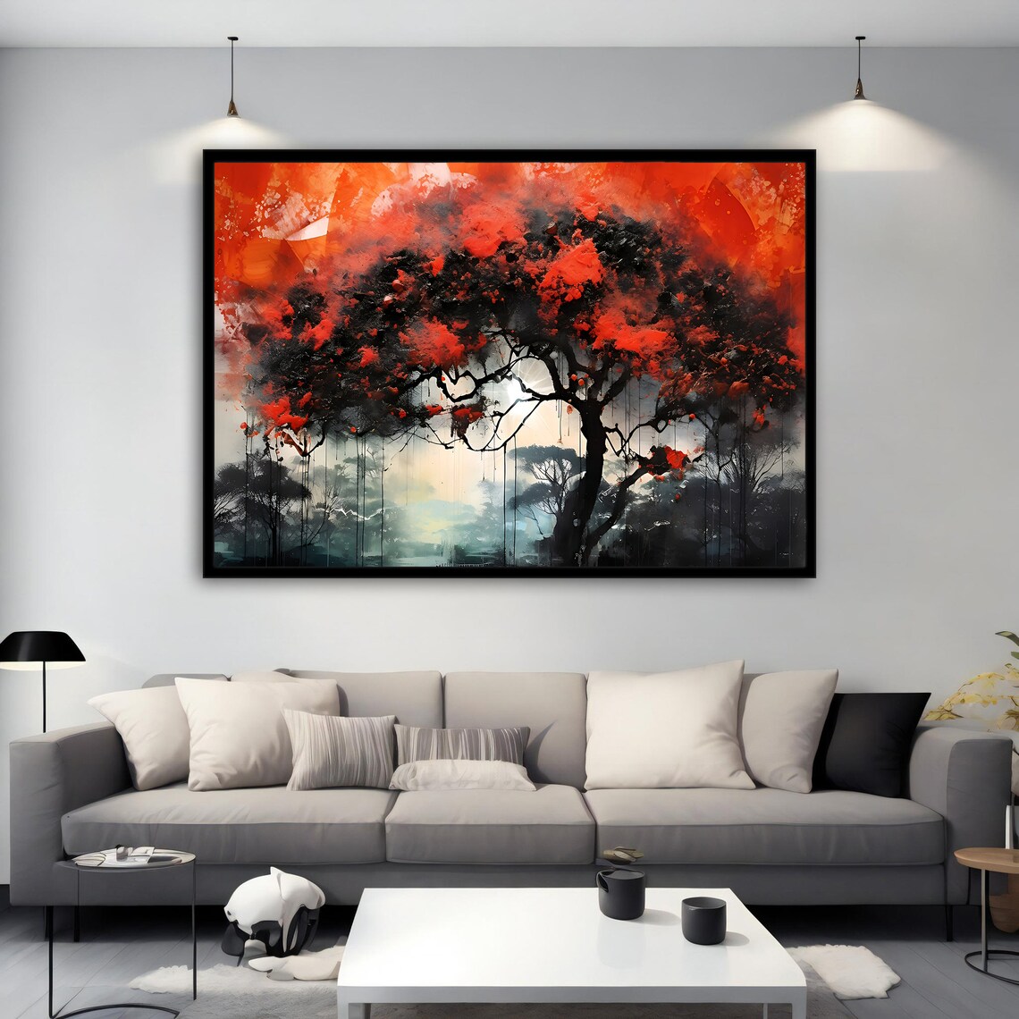Red Tree Painting Red Tree In The Forest Wall Decor Tree Print Art Nature Painting Landscape Art - Image 3