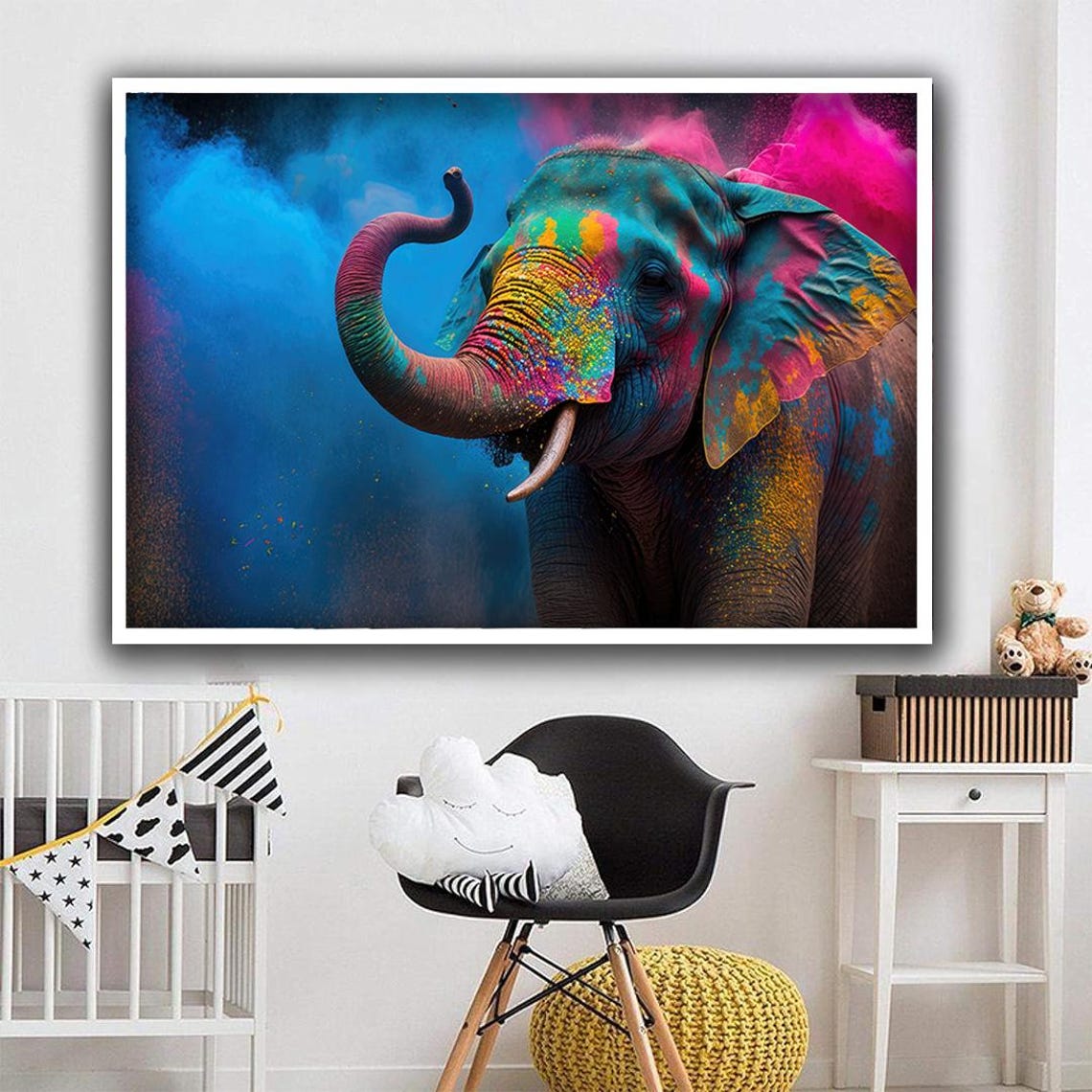 Colorful Paint Splashed Elephant with Trunk Up on Blue Smoke Poster - Image 4