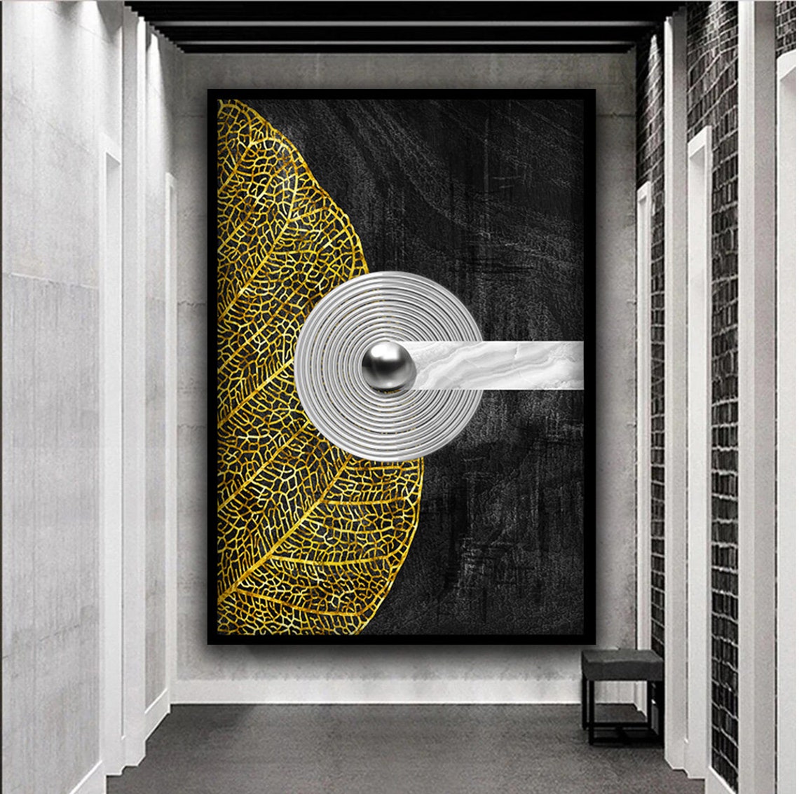 Black and Gold Leaf Skeleton Circle Marble Modern Wall Art Poster - Image 2
