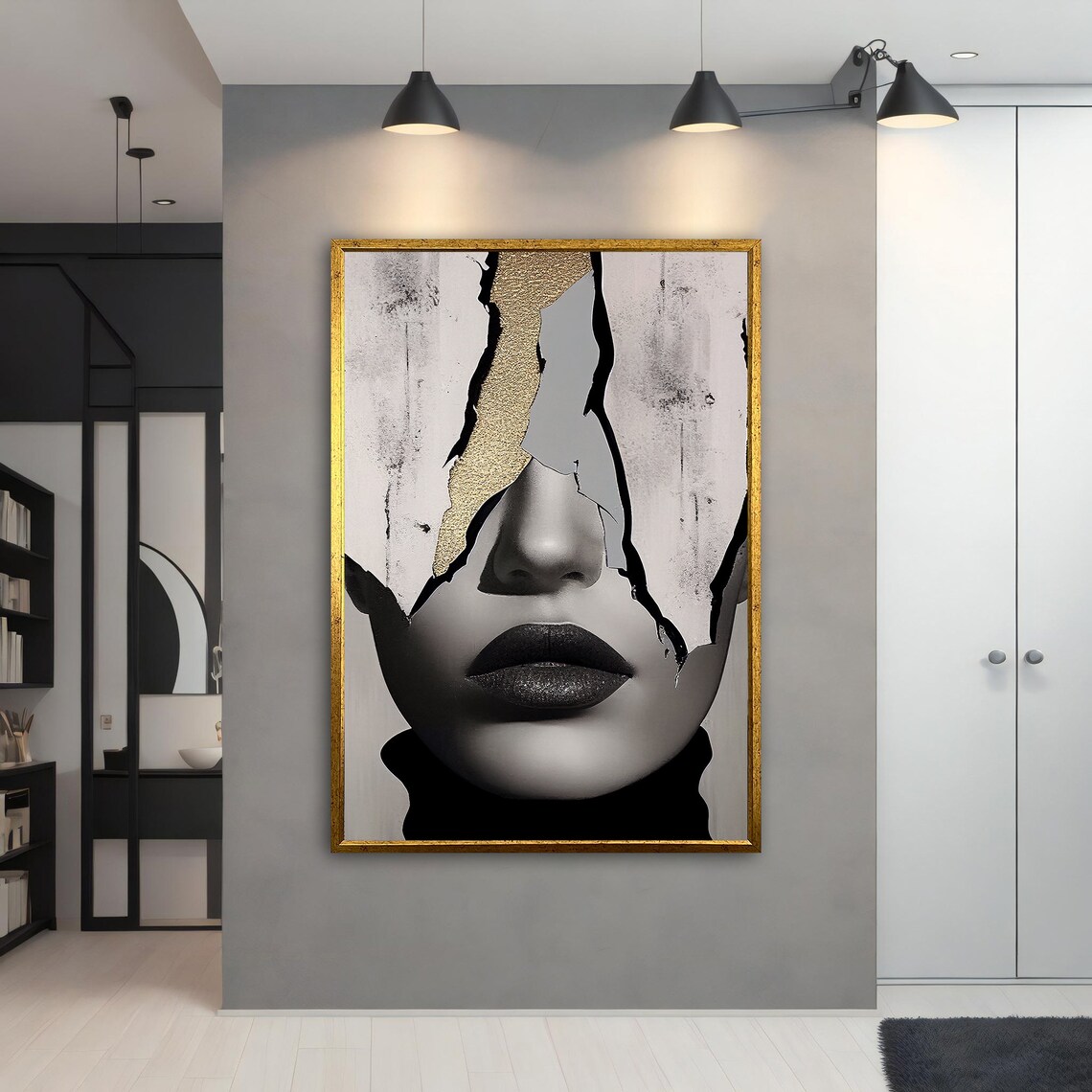 Surreal Cracked Face Woman Gold Leaf Black White Portrait Wall Art - Image 5