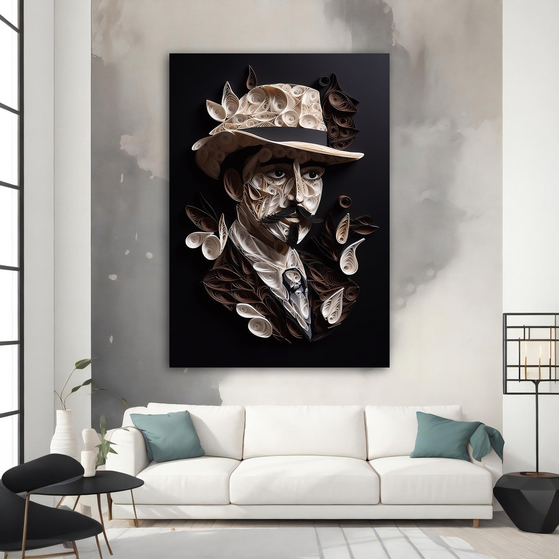 Quilling Paper Art Gentleman Hat Mustache Black White Portrait Print - Image 5