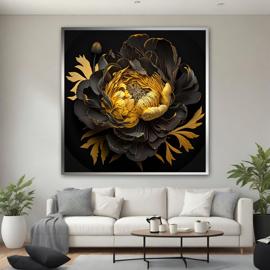 Golden Peony Black Petals Gold Edges Dark Floral Wall Art Poster - Image 3