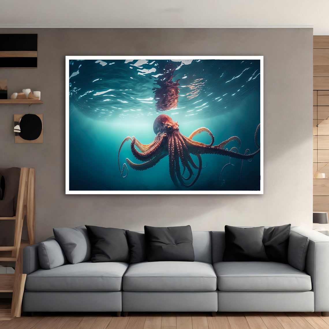 Red Octopus Underwater Deep Blue Ocean Sea Life Wall Art Poster - Image 4
