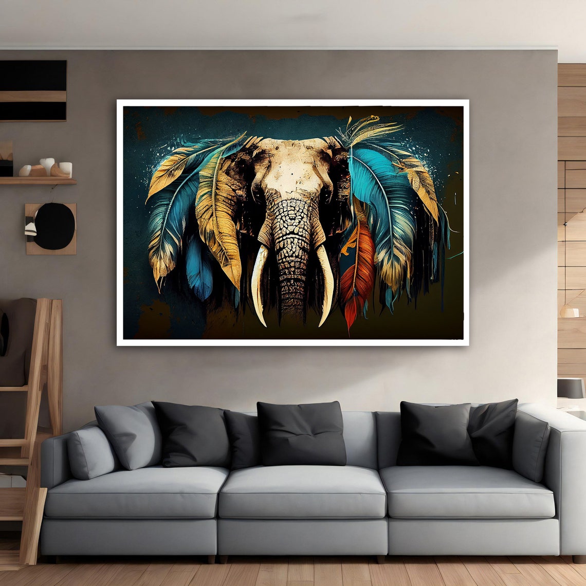 Elephant Head Feathered Ears Colorful Tribal Wildlife Art Poster - Image 4