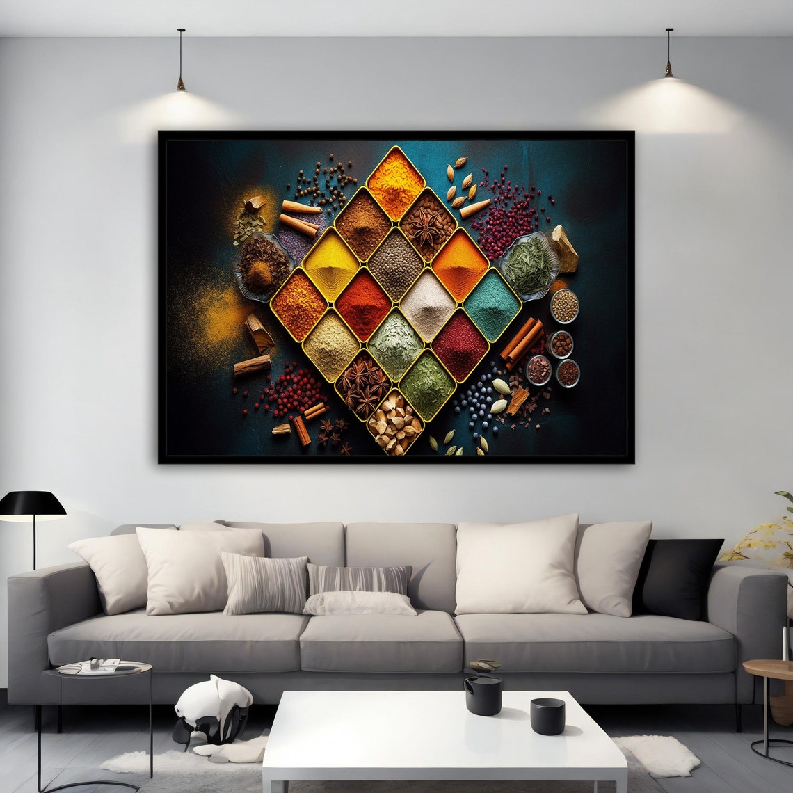 Diamond Pattern of Vibrant Spice Powders with Herbs Top Down Art Print