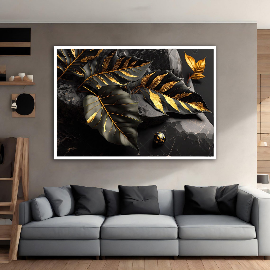 Black Gold Veined Leaves Marble Luxe Modern Botanical Poster - Image 4