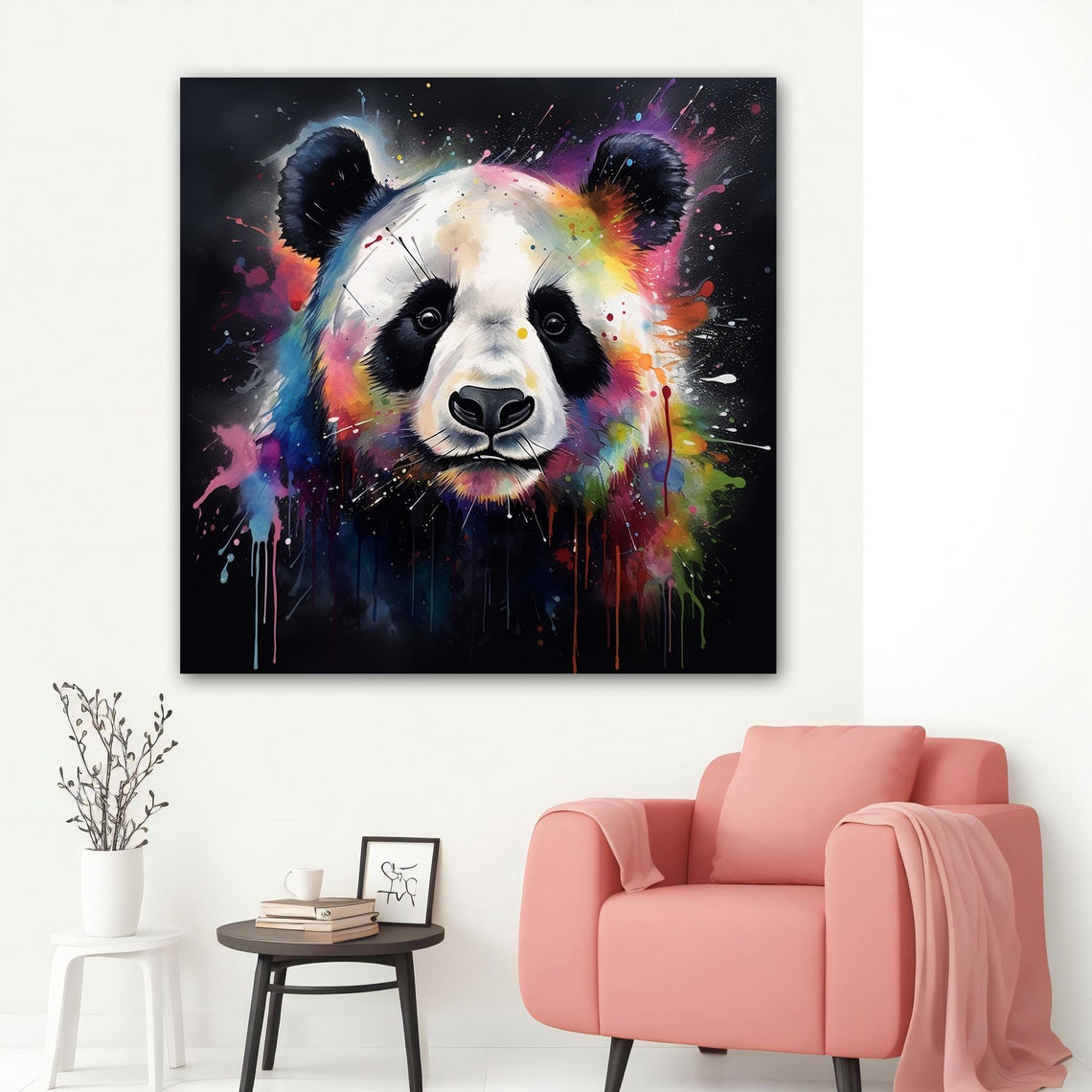 Panda Rainbow Paint Splash Cute Animal Art Black Background Poster - Image 5