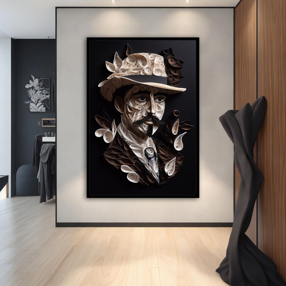 Quilling Paper Art Gentleman Hat Mustache Black White Portrait Print - Image 2
