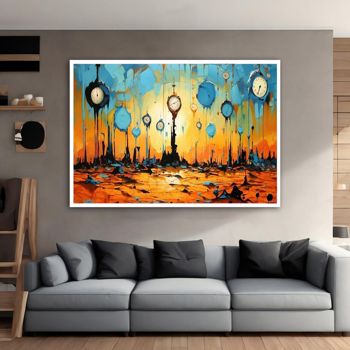 Surreal Melting Clocks on Poles in Orange and Blue Dreamscape Poster - Image 5