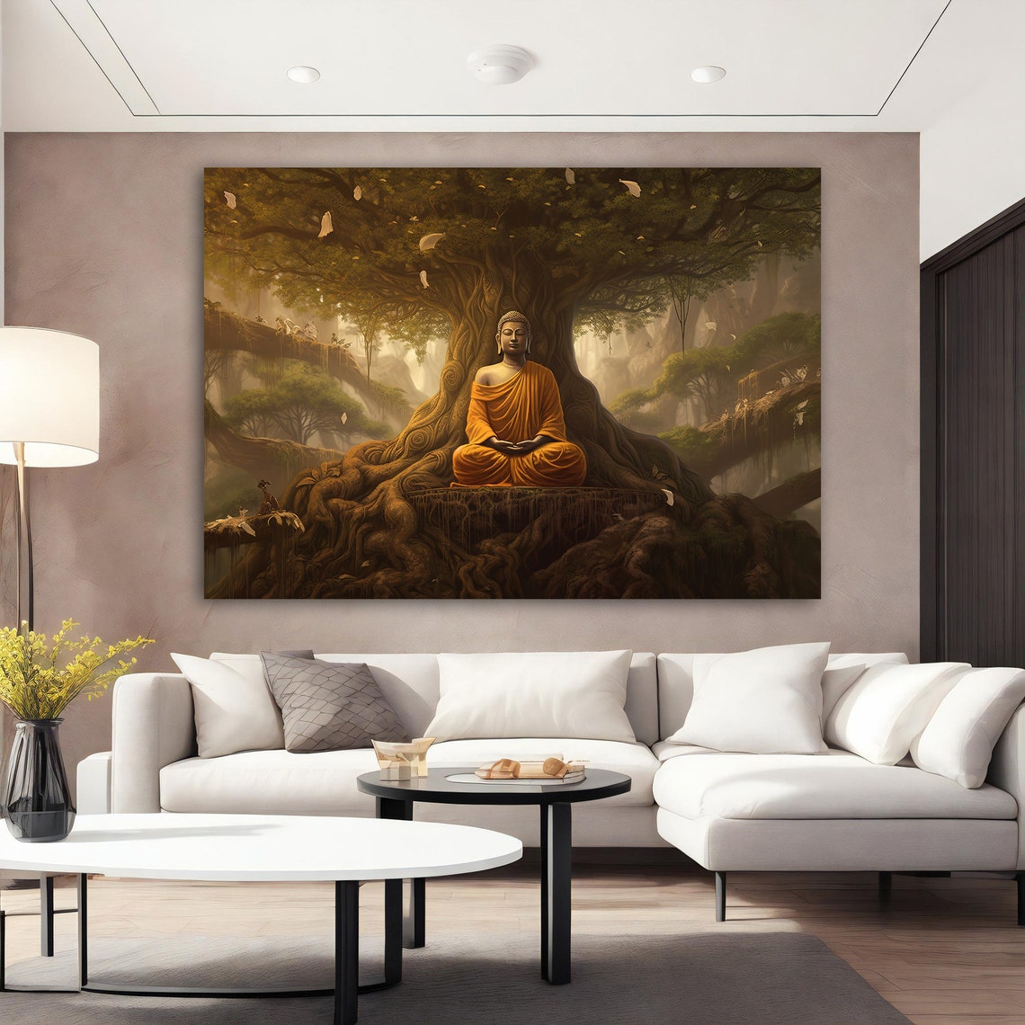 Serene Meditating Buddha Under Bodhi Tree Golden Forest Wall Art - Image 3