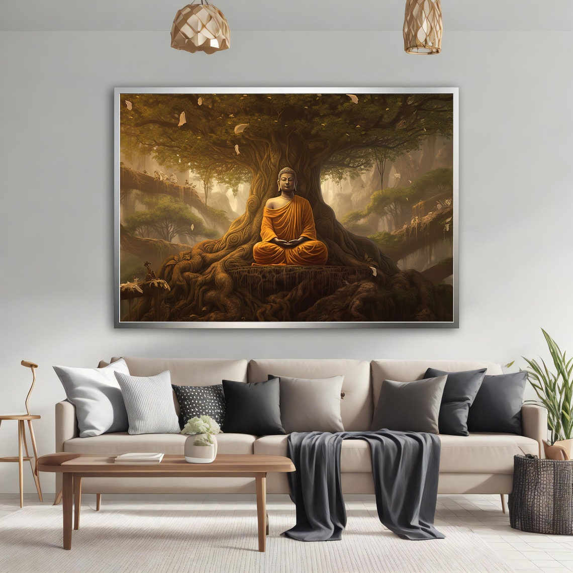 Serene Meditating Buddha Under Bodhi Tree Golden Forest Wall Art