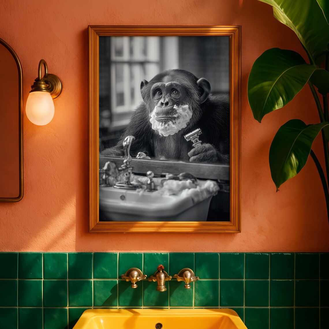 Funny Chimpanzee Shaving Black And White Bathroom Photo Poster
