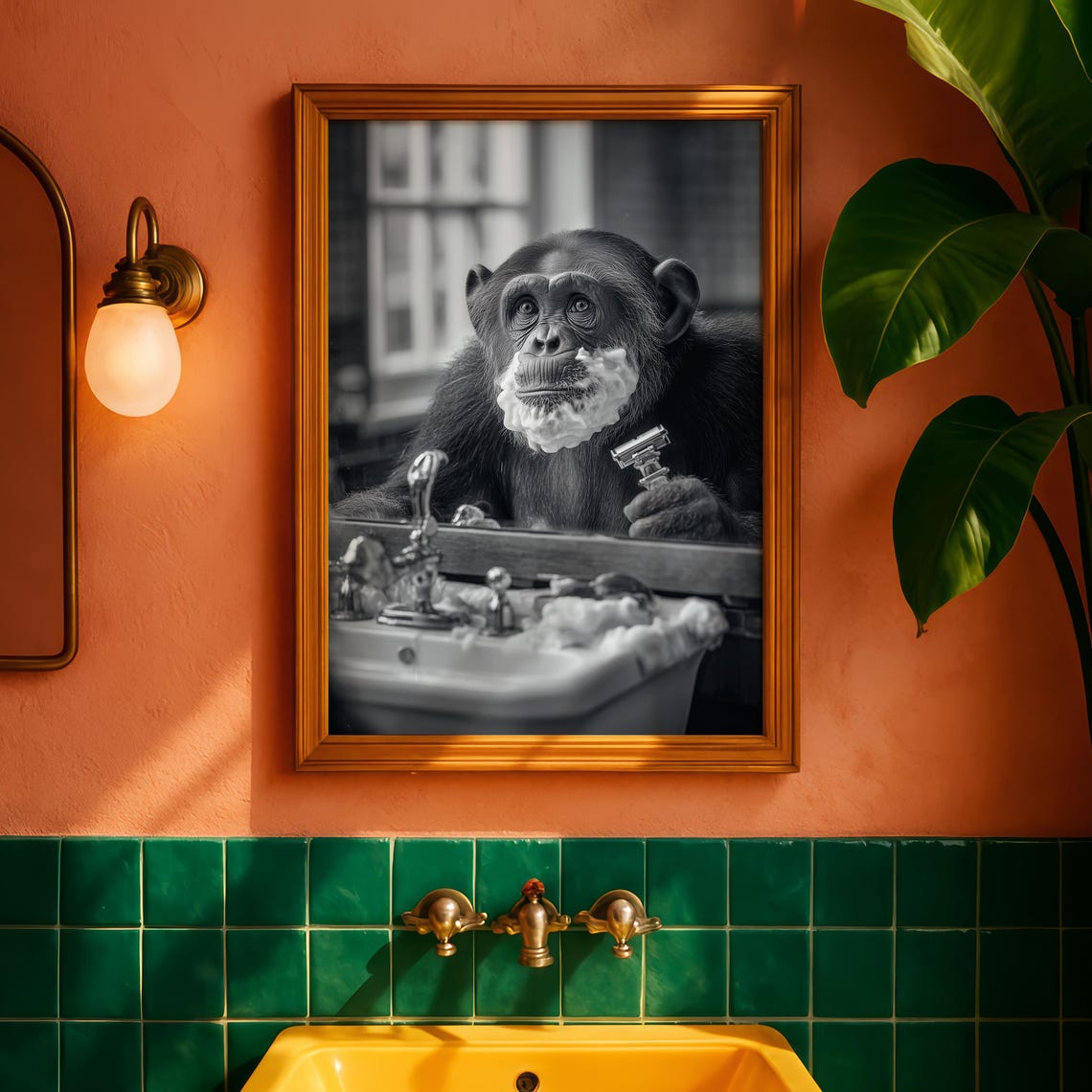 Funny Monkey Shaving Print Black And White Bathroom Art