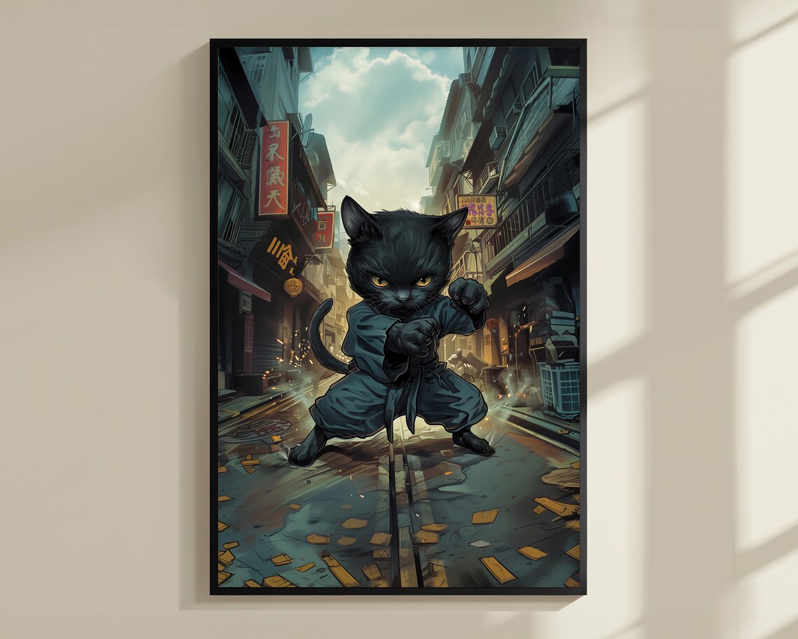Kung Fu Black Cat Martial Arts Alley Anime Style Fierce Feline Poster - Image 3
