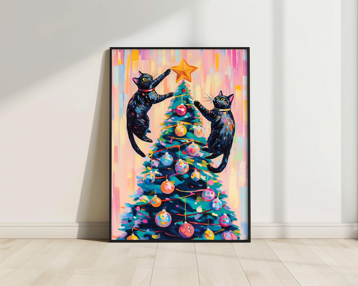 Black Cats Catching Christmas Tree Black Cat Poster Print Christmas Print Xmas Poster Funny Animal Print Vivid Oil Painting Cat Xmas