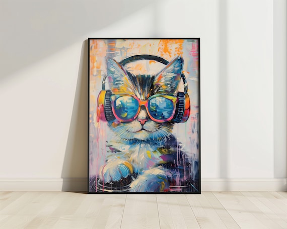 DJ Kitten With Headphones Blue Sunglasses Colorful Music Wall Art