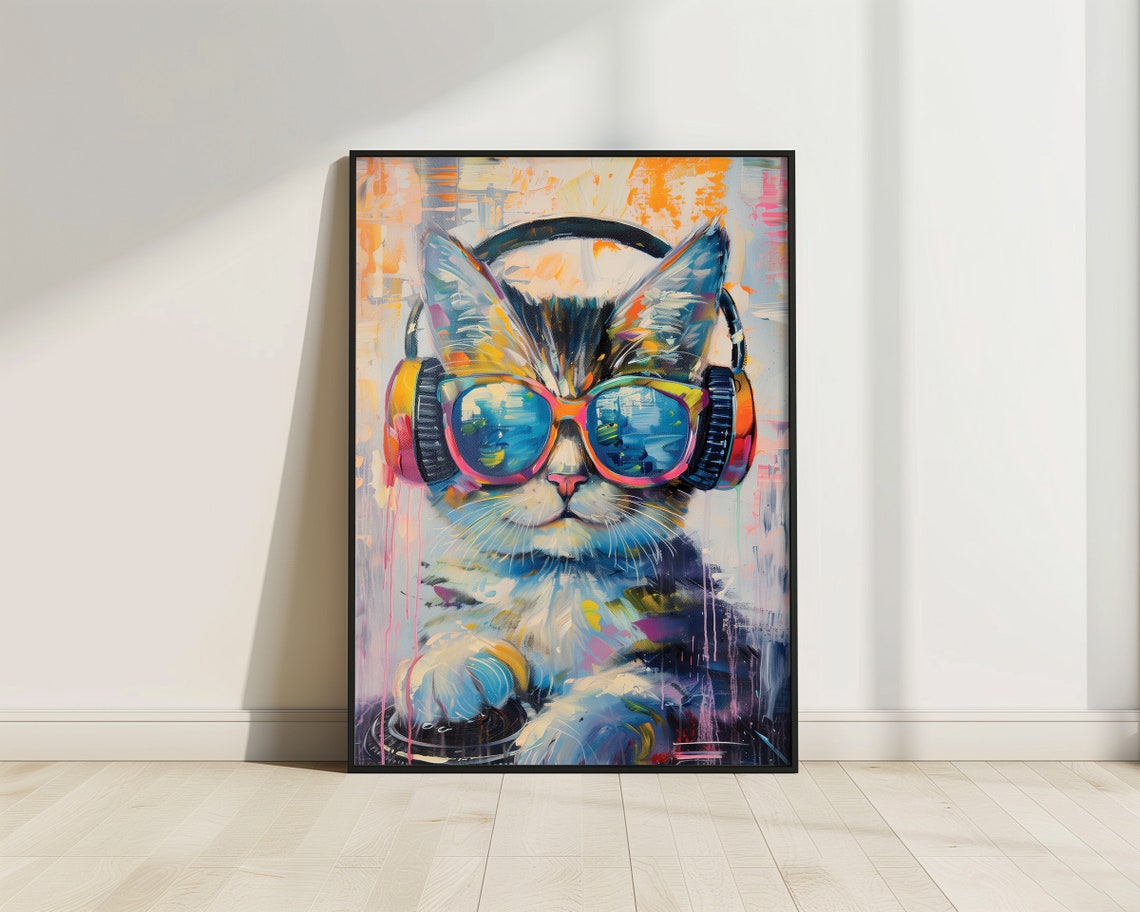 DJ Kitten With Headphones Blue Sunglasses Colorful Music Wall Art