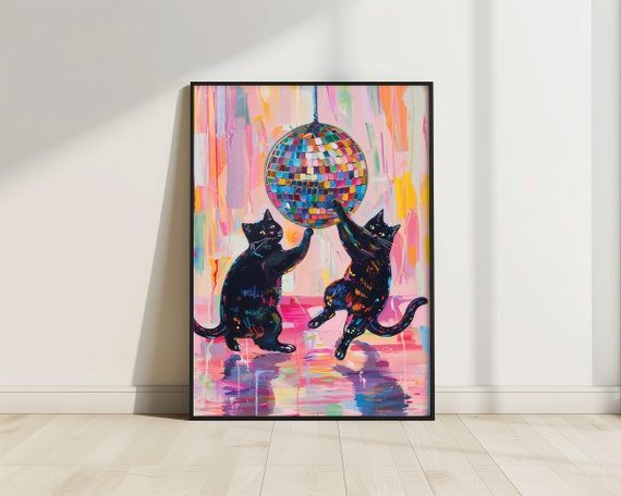 Black Cats Catching Disco Ball Poster Print