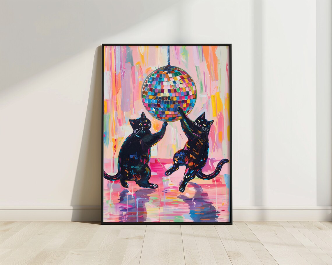 Black Cats Catching Disco Ball Poster Print