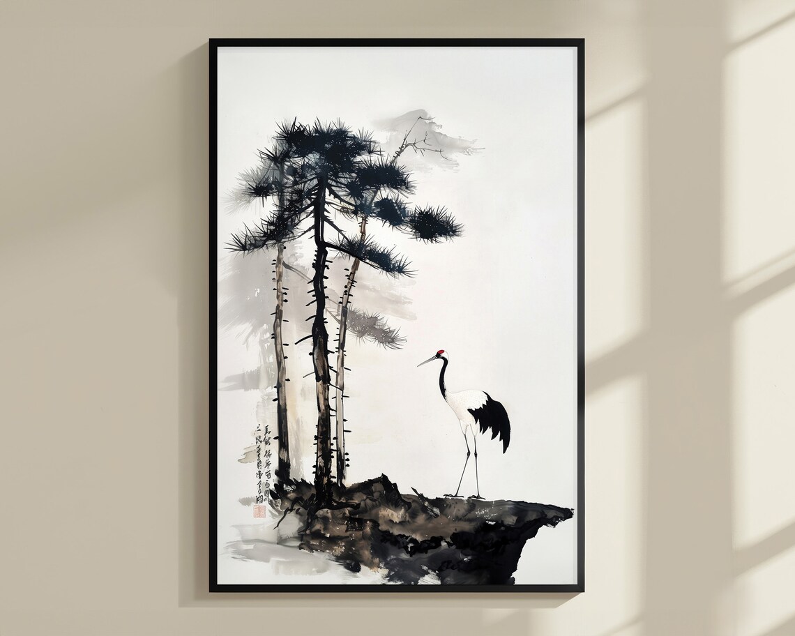 Standing Crane Pine Tree Rock Chinese Ink Wash Minimal Zen Bird Poster - Image 3