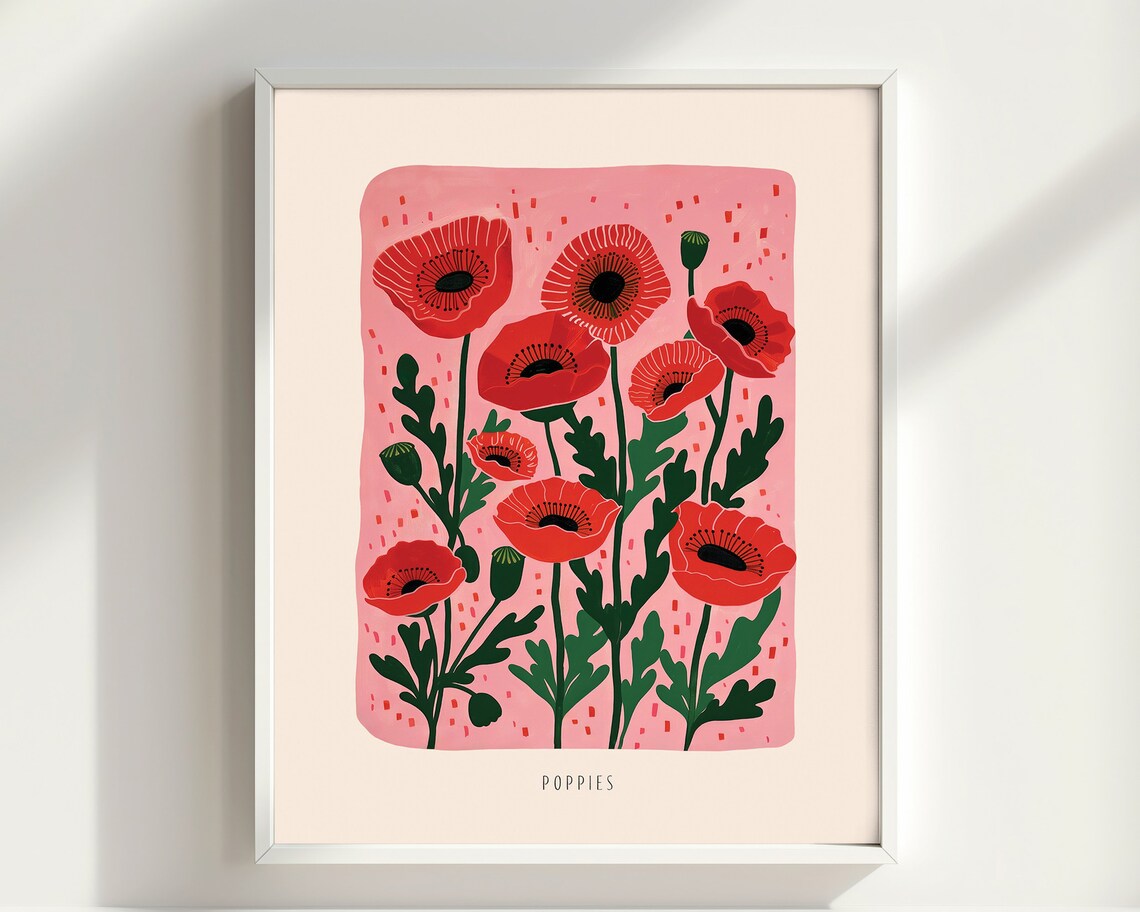 Red Poppy Botanical Illustration Pink Background Floral Bloom Poster - Image 2