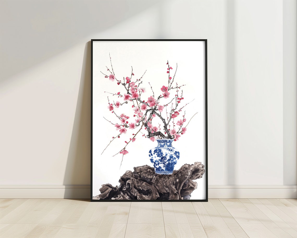 Plum Blossom Blue Porcelain Vase Ink Wash Chinese Spring Flower Poster