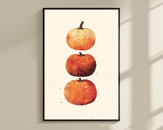 Three Watercolor Pumpkins Orange Stack Minimal Fall Autumn Harvest Poster