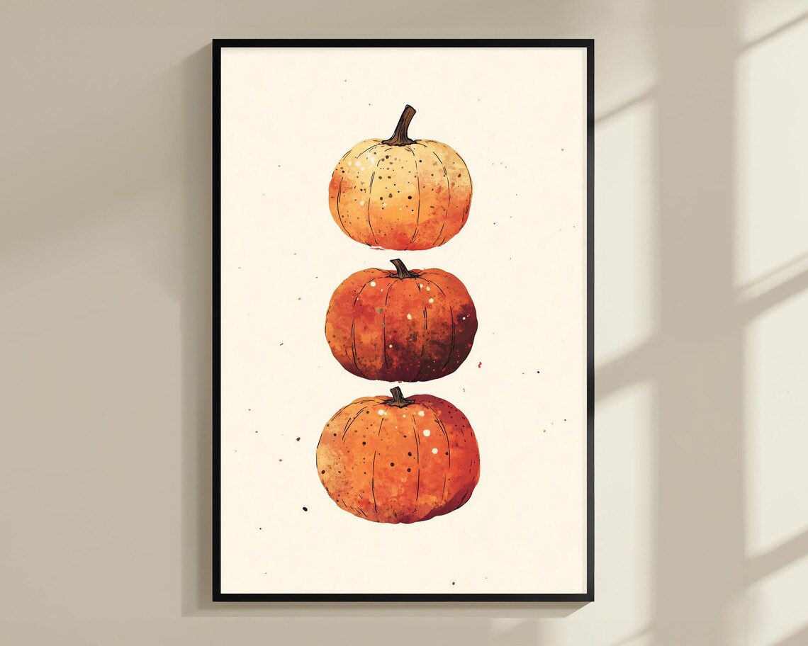 Three Watercolor Pumpkins Orange Stack Minimal Fall Autumn Harvest Poster