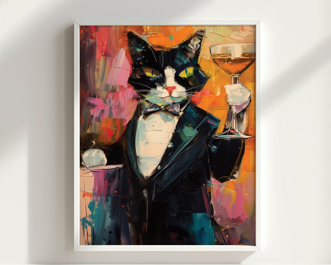Tuxedo Cat Cocktail Suit Bow Tie Funny Feline Toast Oil Painting Poster - Image 2