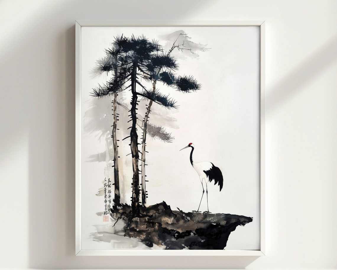 Standing Crane Pine Tree Rock Chinese Ink Wash Minimal Zen Bird Poster - Image 2