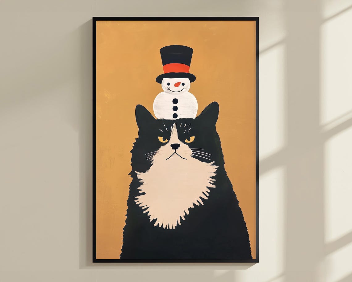 Tuxedo Cat With Snowman Cat Poster Print Christmas Print Xmas Poster Funny Animal Print Vivid Oil Painting Xmas Cat Art - Image 3