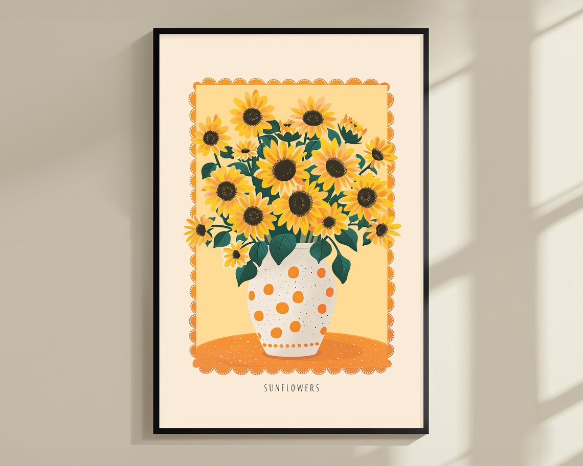 Sunflowers In Polka Dot Vase Vintage Botanical Illustration Print - Image 3