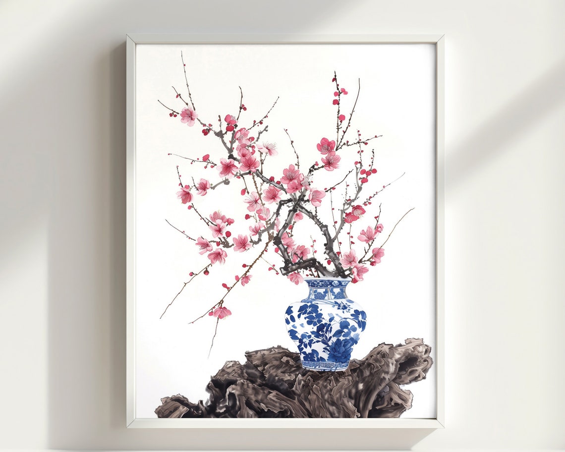 Plum Blossom Blue Porcelain Vase Ink Wash Chinese Spring Flower Poster - Image 2