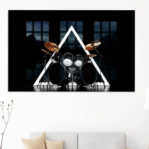 Drum Kit Neon Triangle Stage Lights Dark Concert Music Room Decor Poster