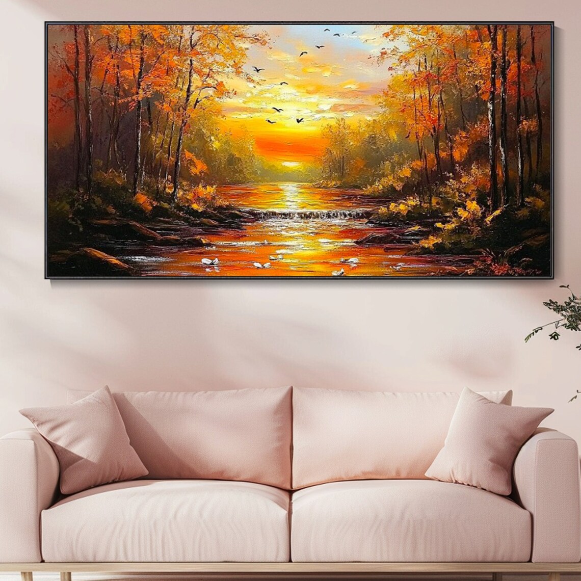 Golden Sunset Autumn Forest River Birds Romantic Landscape Poster