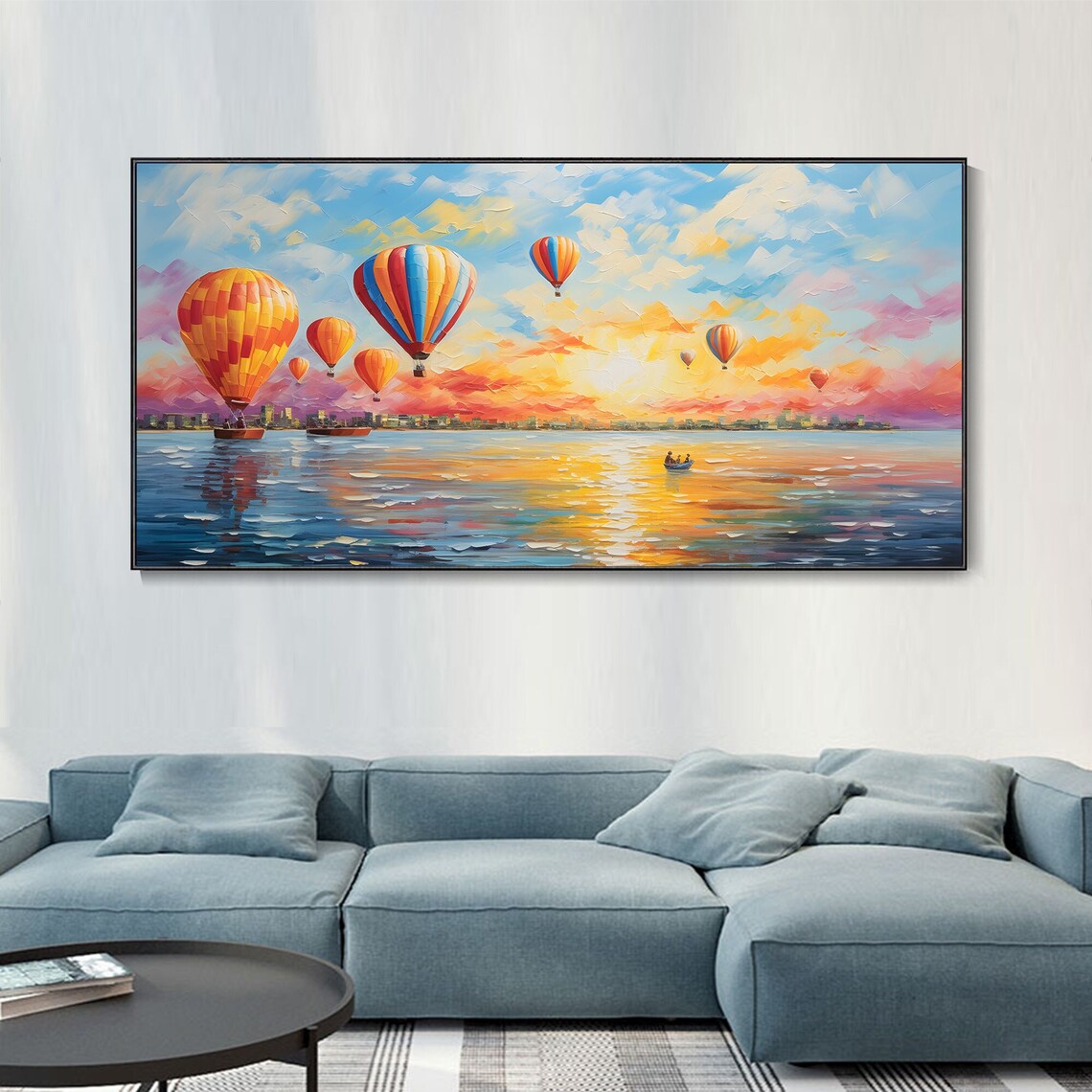 Hot Air Balloon Ocean Sunrise, Travel Landscape Art Print