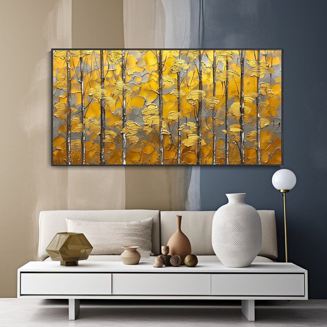 Golden Birch Trees Oil Painting Yellow Autumn Forest Textured Poster