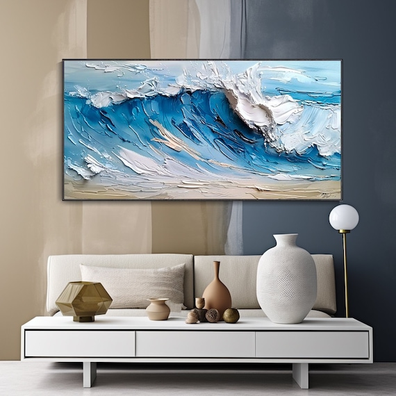 Crashing Ocean Wave Oil Painting Blue White Seascape Impasto Poster
