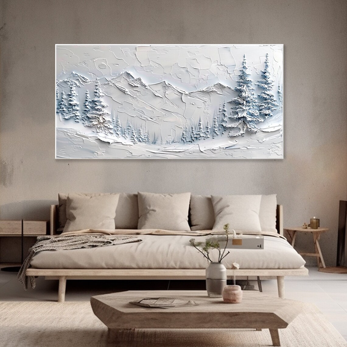 Abstract Winter Landscape Oil Painting, Pine Trees Art Print