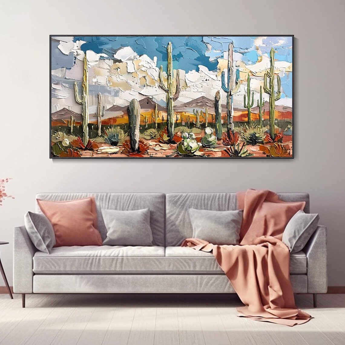 Desert Cactus Landscape Oil Painting Saguaro Mountains Textured Poster