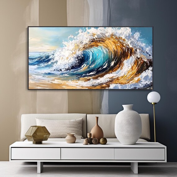 Ocean Wave Barrel Blue Gold Crashing Surf Textured Seascape Painting Poster