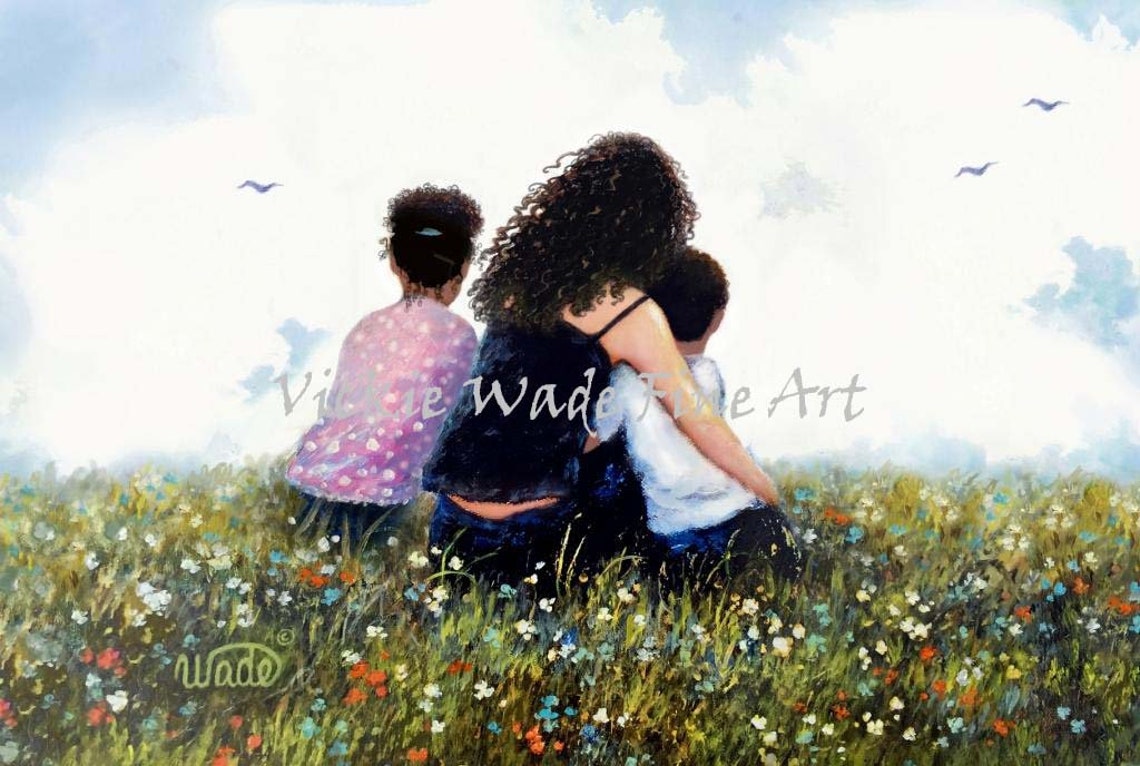Mother And Biracial Daughter And Son Art Print Caucasian Mom Black Daughter And Son White Mom Black Boy And Girl Meadow Vickie Wade Art